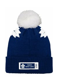 Marineblaue Strickmütze mit weißen Ahornblatt-Designs und Pompon oben. Der gerippte Bund hat ein weißes Etikett mit "TORONTO MAPLE LEAFS" und "1917."