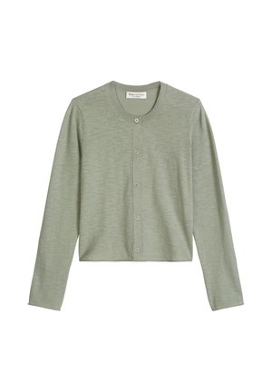 Cardigan à manches longues vert clair avec boutons, col rond et texture en maille fine, posé à plat sur fond blanc.