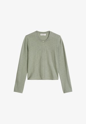 Lichtgroene lange mouwen button-up cardigan met ronde hals en fijne gebreide textuur, plat liggend op een witte achtergrond.