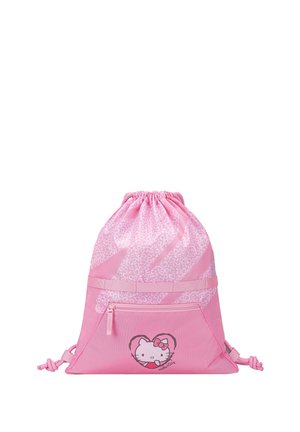 Pinkfarbener Beutel mit weißem Leopardenmuster, vordere Reißverschlusstasche und Hello-Kitty-Gesicht in einem Herz auf der Tasche.