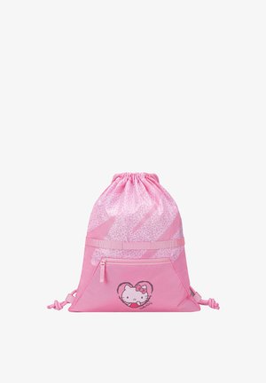 Pinkfarbener Beutel mit weißem Leopardenmuster, vordere Reißverschlusstasche und Hello-Kitty-Gesicht in einem Herz auf der Tasche.