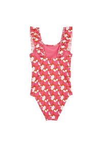 Jednodielne plavky s ružovým srdcovým vzorom, volánkovými ramienkami a hladkou textúrou. Vyznačujú sa jasnými farbami ružovej a bielej na červenom pozadí.