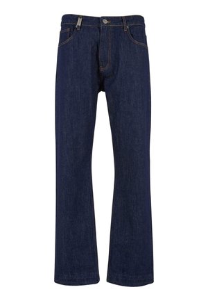 Mørkeblå denimjeans med flagrende ben design, kontrastsyninger, frontknaplukning og femlomme-stil.