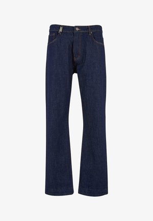 Mørkeblå denimjeans med flagrende ben design, kontrastsyninger, frontknaplukning og femlomme-stil.