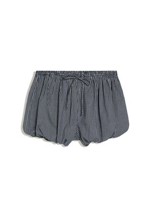 Shorts à carreaux bleu marine et blanc avec une taille élastique et un cordon de serrage à l'avant, présentés sur fond blanc.