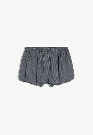 Shorts à carreaux bleu marine et blanc avec une taille élastique et un cordon de serrage à l'avant, présentés sur fond blanc.