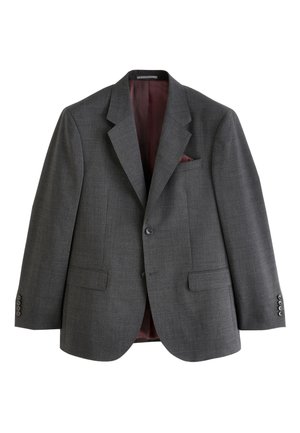 Blazer homme gris foncé avec revers crantés, deux poches avant à rabat, poignets boutonnés et doublure intérieure bordeaux avec poche poitrine.