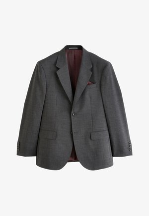 Blazer homme gris foncé avec revers crantés, deux poches avant à rabat, poignets boutonnés et doublure intérieure bordeaux avec poche poitrine.
