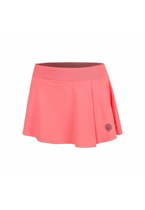 Korallenrosa athletischer Rock mit breitem elastischem Bund und kleinem rundem schwarzem Logo nahe dem Saum auf der rechten Seite.