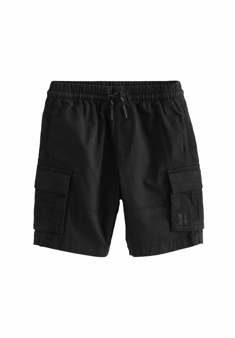 Shorts cargo noirs avec une taille élastique et un cordon de serrage, comprenant deux poches latérales et deux poches cargo sur les cuisses. Tissu texturé.