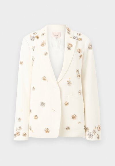 Blazer bianco decorato con applicazioni floreali dorate e argentate, con chiusura a un bottone singolo e due tasche frontali.