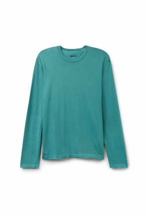 Teal Langarm-Shirt aus weichem Stoff. Rundhalsausschnitt, gerade geschnitten, mit seitlichen Schlitzen am Saum und genähten Details an den Ärmeln.