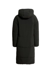 Abrigo de plumas negro con capucha, con un diseño acolchado, mangas largas y corte recto, que llega a la mitad de la pantorrilla.
