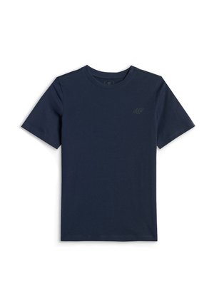 Granatowy t-shirt z krótkim rękawem i okrągłym dekoltem, z małym wytłaczanym logo 4F na lewej piersi.