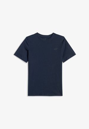 Granatowy t-shirt z krótkim rękawem i okrągłym dekoltem, z małym wytłaczanym logo 4F na lewej piersi.