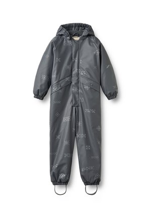 Dark gray waterproof children's rain suit with hood, elastic cuffs, front pockets, and reflective geometric patterns and foot straps.