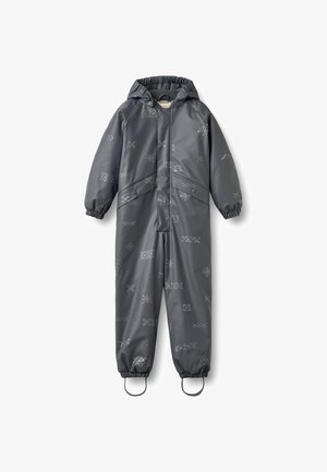 Dunkelgrauer wasserdichter Kinderregenanzug mit Kapuze, elastischen Bündchen, Fronttaschen, reflektierenden geometrischen Mustern und Fußriemen.