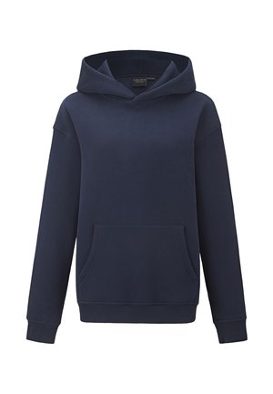 Felpa con cappuccio blu navy realizzata in tessuto morbido, dotata di tasca frontale, polsini a coste e design minimalista.