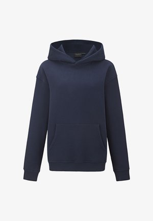 Tumesinist kapuutsiga dressipluus, valmistatud pehmest kangast, millel on esitasku, soonikkoes mansetid ja minimalistlik disain.