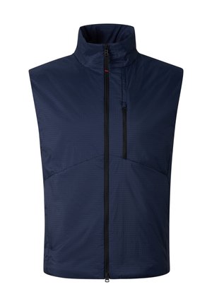 Navy blue sleeveless vest with high collar, front central zipper, and vertical zippered chest pocket.