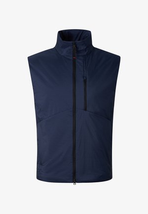 Granatowa kamizelka bez rękawów z wysokim kołnierzem, centralnym zamkiem błyskawicznym z przodu oraz pionową kieszenią na piersi na suwak.