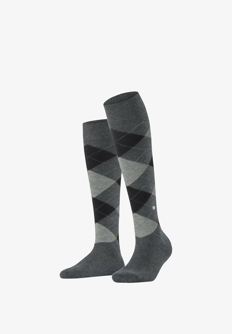 Podkolanówki z diamentowym wzorem w odcieniach czerni, szarości i jasnej szarości z niebieskimi akcentami. Wykonane z miękkiego, elastycznego materiału.