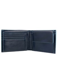 Portefeuille en cuir bleu marine avec une texture lisse, comportant plusieurs emplacements pour cartes, un compartiment pour billets et une fermeture à pression.