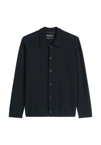 Dark navy cardigan with a button-down front, flat collar, long sleeves, and textured fabric. Features six matching buttons on the front.