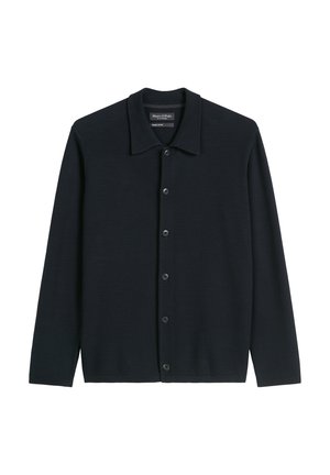 Dunkelblauer Cardigan mit durchgehender Knopfleiste, flachem Kragen, langen Ärmeln und strukturiertem Stoff. Verfügt über sechs passende Knöpfe auf der Vorderseite.