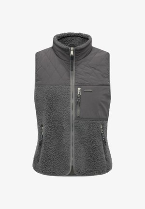 Gilet grigio con sezione superiore trapuntata e sezione inferiore in morbido pile testurizzato. Include multiple tasche con zip e un colletto alto.