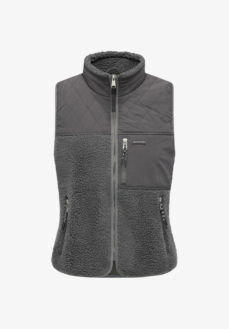 Grå vest med en quiltet øvre del og myk, strukturert fleece nederst. Har flere glidelåslommer og høy krage.