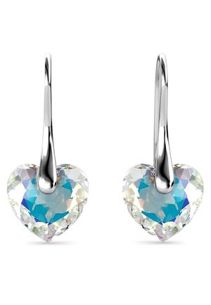 Orecchini a forma di cuore con cristalli trasparenti e finitura riflettente, sospesi da eleganti ganci in argento lucido.