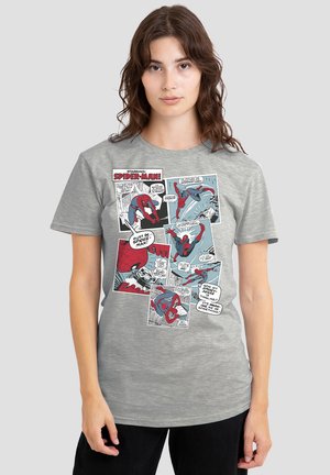 Gray cotton t-shirt featuring Spider-Man comic panels in red, black, and blue. Short sleeves and a crew neckline.
