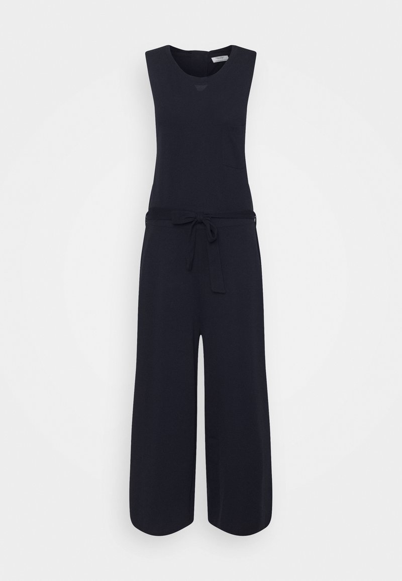 Combinaison noire sans manches avec jambes larges et ceinture à nouer à la taille, présentée sur fond blanc.