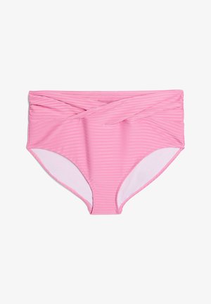 Ružičasti kupaći gaćice visokog struka s blagim horizontalnim prugama i uvijenim detaljem od tkanine na pojasu.
