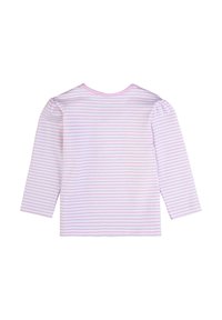 Maglietta a maniche lunghe di un rosa chiaro con sottili strisce bianche. Tessuto morbido, collo rotondo e dettagli arricciati sulle spalle. Materiale in cotone misto.