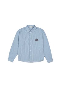 Hellblau gestreiftes Hemd, mit langen Ärmeln, Knopfleiste und spitzem Kragen. Verfügt über ein gesticktes Design auf der linken Seite.