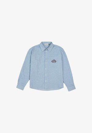 Light blue striped shirt, long sleeves, button-up front, and pointed collar. Features an embroidered design on the left side.