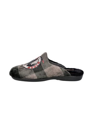 Zapatilla de cuadros gris y negra tipo slip-on con suela negra y un logo circular rojo y blanco "Rider" en la parte superior.