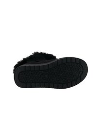 Zwarte slipper met een gestructureerde buitenkant en zachte, vachtachtige accenten. Dikke rubberen zool met een gemusterd loopvlak voor grip.