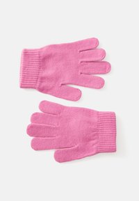 Gants en tricot roses à cinq doigts, avec des poignets côtelés et une finition douce et texturée. Convient pour les temps froids.