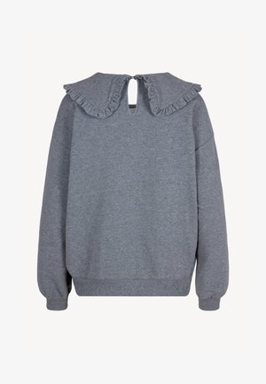 Grijze trui met lange mouwen, een gerimpelde kraag, een knoopsluiting met sleutelgat aan de achterkant, en geribbelde manchetten en zoom.