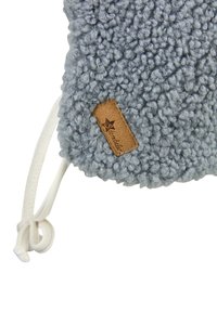 Gray, fluffy textile pouch with a textured surface, featuring a brown leather label and white drawstring.