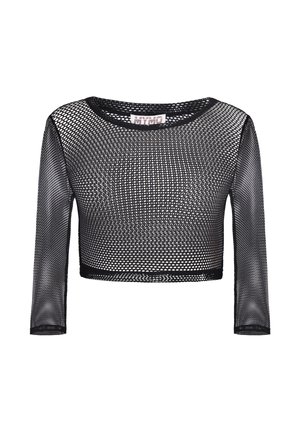 Sort langærmet cropped mesh-top med rund halsudskæring og lille diamantformet åbent strikkemønster over hele toppen.