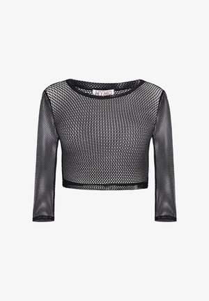 Czarny, długi rękaw, krótki top z siateczki z okrągłym dekoltem i małym wzorem w kształcie diamentu na całej powierzchni.