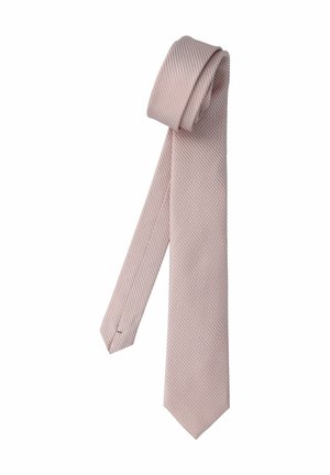 Rosa Seidenkrawatte mit Fischgrätenmuster, schmal geschnitten und mit glatter Textur. Sie ist oben aufgerollt und zeigt ihren subtilen Glanz.