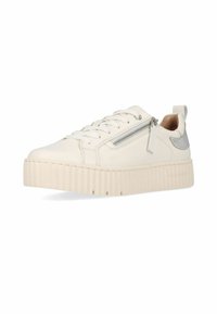 Weiße Leder-Sneaker mit einer strukturierten Plattformsohle, die über einen Reißverschluss an der Seite und einen silbernen Akzent an der Ferse verfügt.