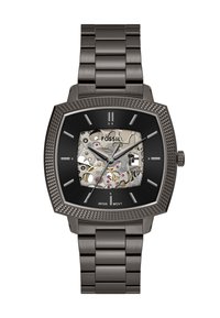 Montre mécanique carrée avec un bracelet en acier inoxydable, cadran noir et boîtier transparent révélant des mouvements complexes et des accents roses.