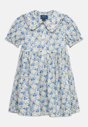 Kortermet babydress med blått og hvitt blomsterprint, Peter Pan-krage, knapper foran og innsvingt midje fra Polo Ralph Lauren.