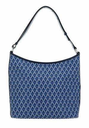 Hobo tas met een driehoekig patroon in blauwe tinten, gemaakt van gestructureerde stof, met een enkele gebogen schouderriem en zwarte afwerking.